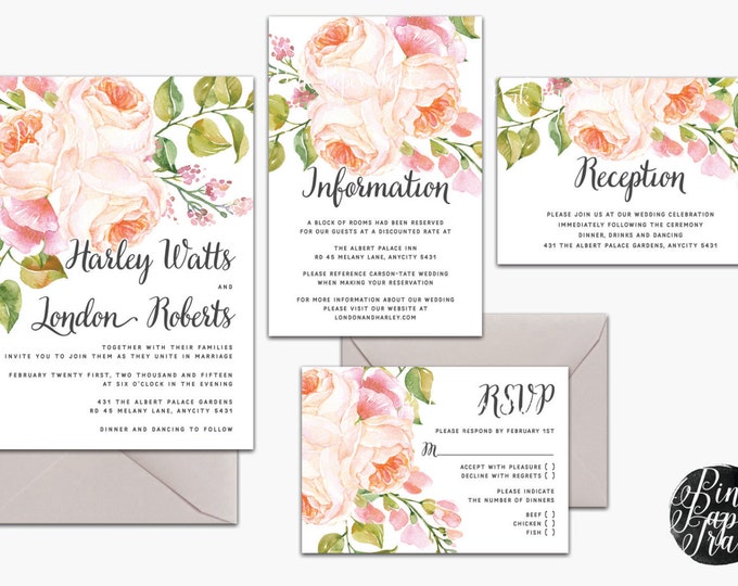 Printable Wedding Invitation Suite v.5, 4pcs set, Floral, Romantique, Bohemian, Rustic, Country, Garden Wedding, I will customize for you