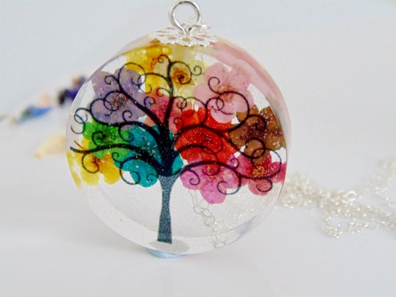Real rainbow flower tree pendant