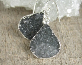Black Druzy Earrings, Drusy Earrings, YOU CHOOSE, Geode Earrings, Quartz Drops, Sterling Silver