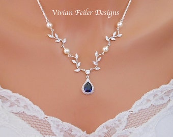 Wedding Necklace VINE Necklace Sapphire Blue Y Bridal Jewelry White or Ivory PEARLS Sterling Silver