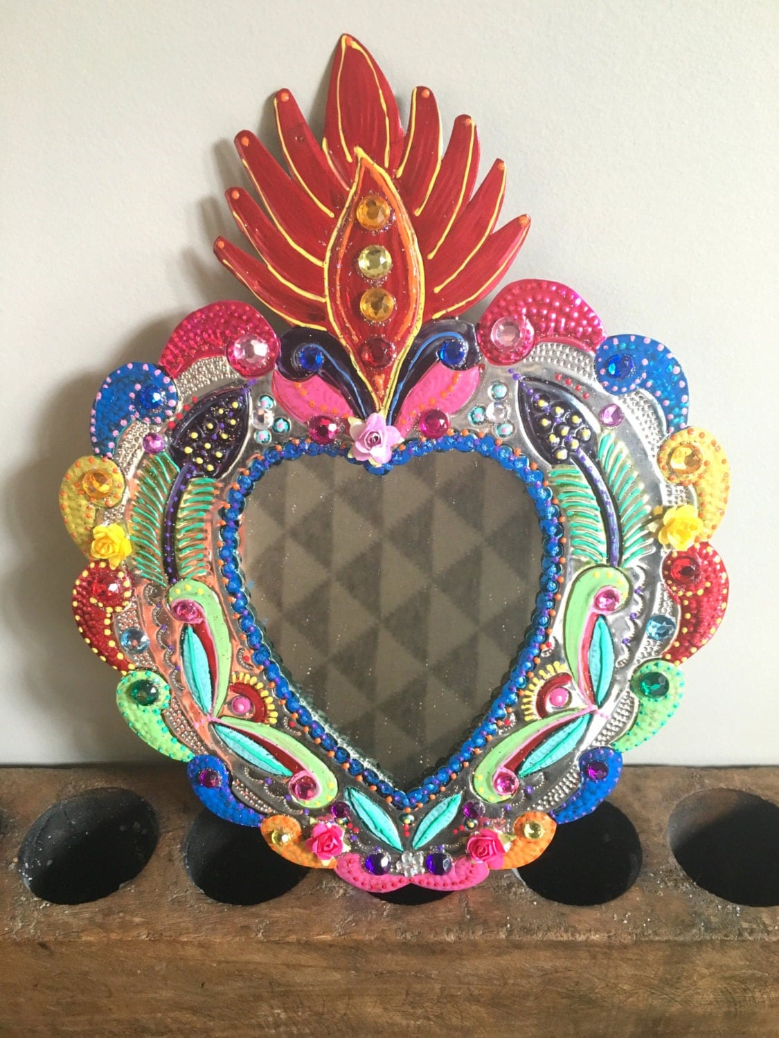 Sacred Heart tin metal mirror / Mexican folk art by TheVirginRose