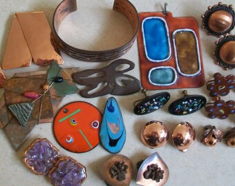 Vintage copper jewelry lot, copper earrings, copper brooch, wearable jewelry lot, enamel copper pendant, copper destash lot, colorful