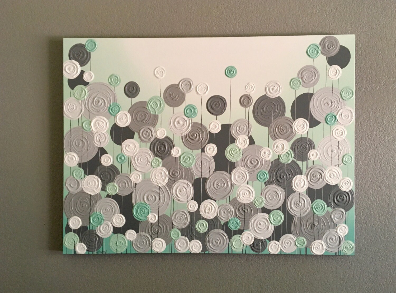 Mint Green and Grey Textured Painting Abstract Flowers Large