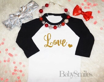 Love Gold Glitter Heart Valentine Shirt Baby Shirt Girl Shirt Adult Shirt Kids Shirt Raglan Glitter Shirt Valentine's Day Shirt Love Shirt