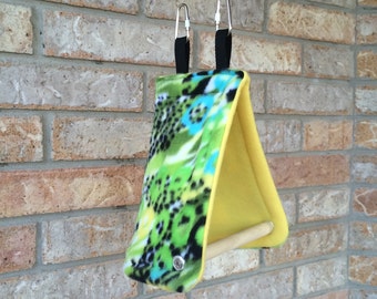 Handcrafted Cozy Bird Tent with Perch, Lime Green Funky Skins with Yellow Anti-Pill Fleece inside for Lg. Finches, Parakeets, Parrotlets
