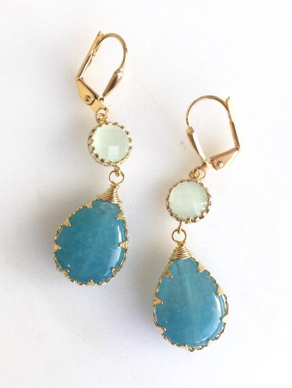 Earrings Light Mint Green and Blue Jade Dangle Earrings.