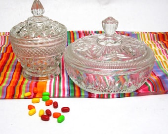 Clear Cut Glass Candy Dish Trinket Bowl Footed Lid Set Of Two