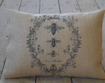 French Bee Burlap Pillow, Shabby chic, Bees ,Apiary, INSERT INCLUDED