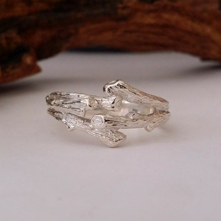 Sterling Silver Twig and Leaf Wedding Band Set Tree Branch