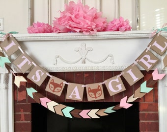 Woodland fox baby shower decorations - tribal baby shower - it's a Girl banner- Girl fox baby shower - your color choices