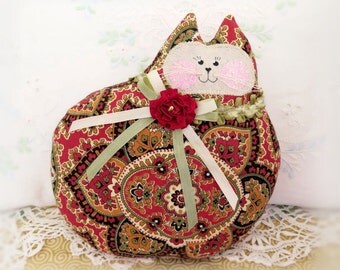 Cat Pillow Doll Cloth Doll 7 inch Cat, April Cornell Floral Print, Primitive Soft Sculpture Handmade CharlotteStyle Decorative Folk Art
