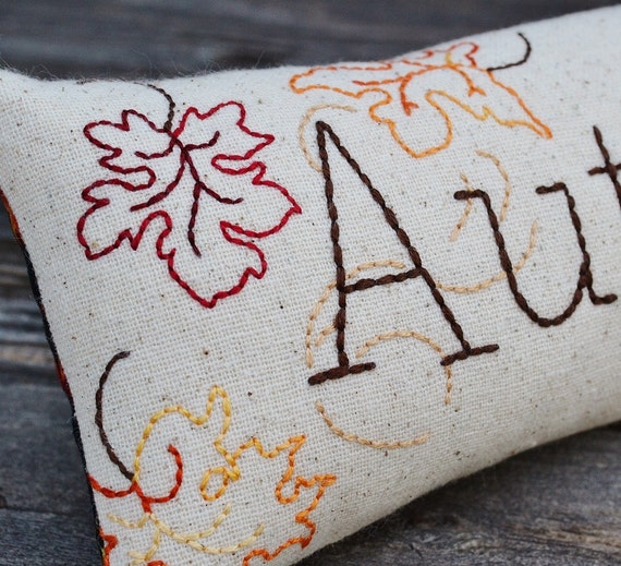 Autumn Hand Embroidered Decorative Pillow Fall Colors Accent