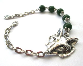 Silver fox bracelet dark green stone bracelet fox jewelry