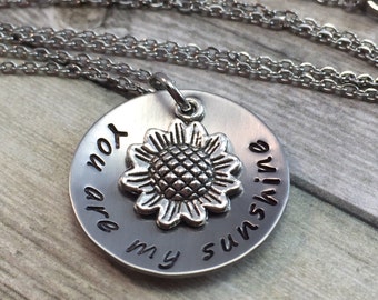 You are my sunshine hand stamped stainless steel necklace with sunflower charm