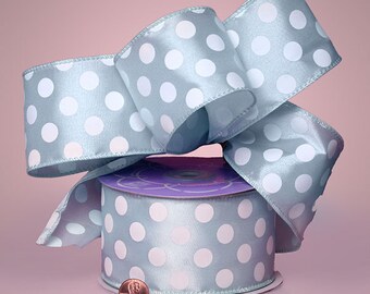 5YDS x 2-1/2" Big Polka Dot Light Blue & White Satin Wired Edge RIBBON