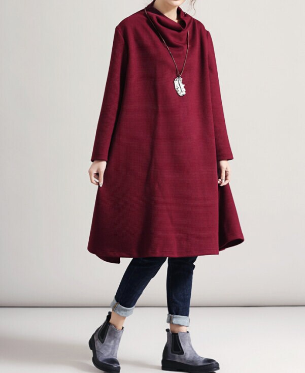 High Pile collar Oversize dress wine red large size dress