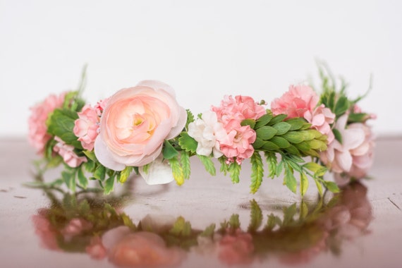 Flower Crown in Coral with Greenery Flowergirl hairpiece