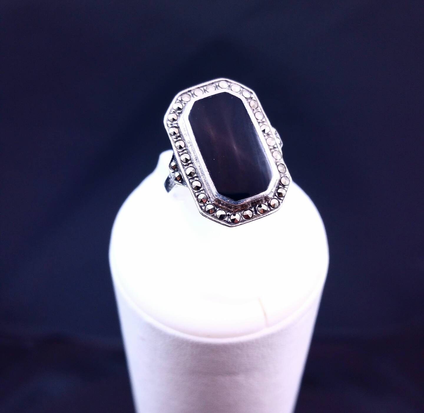 925 Sterling Black Onyx Marcasite Ring Art Dexo Style Silver