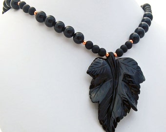 Onyx Leaf Copper Pendant Necklace Natural Stone