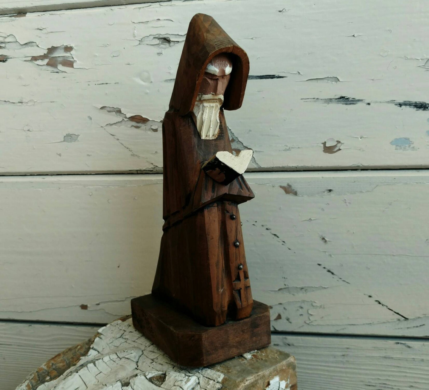 Carved Wooden Vintage Religious Statue Hand Carved Monk