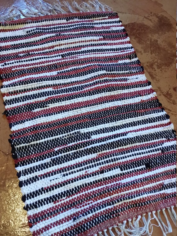 Red Black and White handwoven Rag rug Floor by JessieMayDesigns