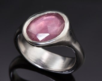 Rose Cut Pink Sapphire Engagement Palladium Pebble Ring, OOAK, ready to ship size 6 to 8, low profile ring