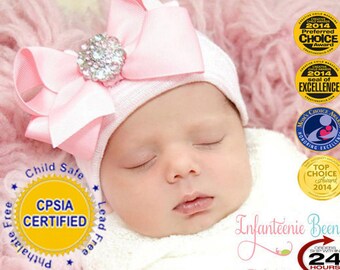 newborn girl take home outfit Newborn Beanie White and Pink Beanie with Bow Portrait Hat Newborn Hospital Hat Baby Girl Infanteenie Beanie