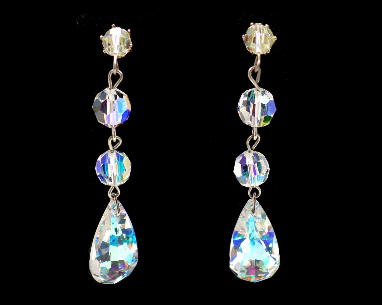 Long AB Crystal Earrings Aurora Borealis Teardrops Shoulder