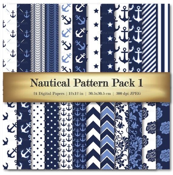 Nautical Digital Scrapbook Paper Variety 24 Pack Navy Blue