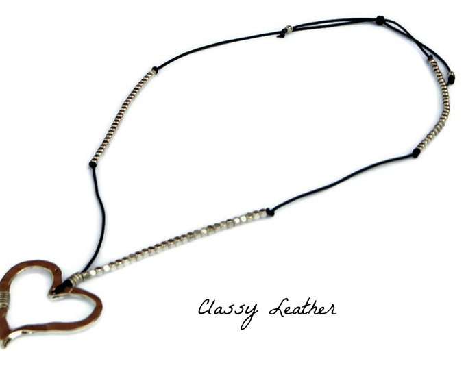 Black Leather Necklace, Heart necklace, Zamak Pendant,Women Necklace ,Leather Long Necklace ,Zamak Heart Pendant, Uno de 50 Style,gift