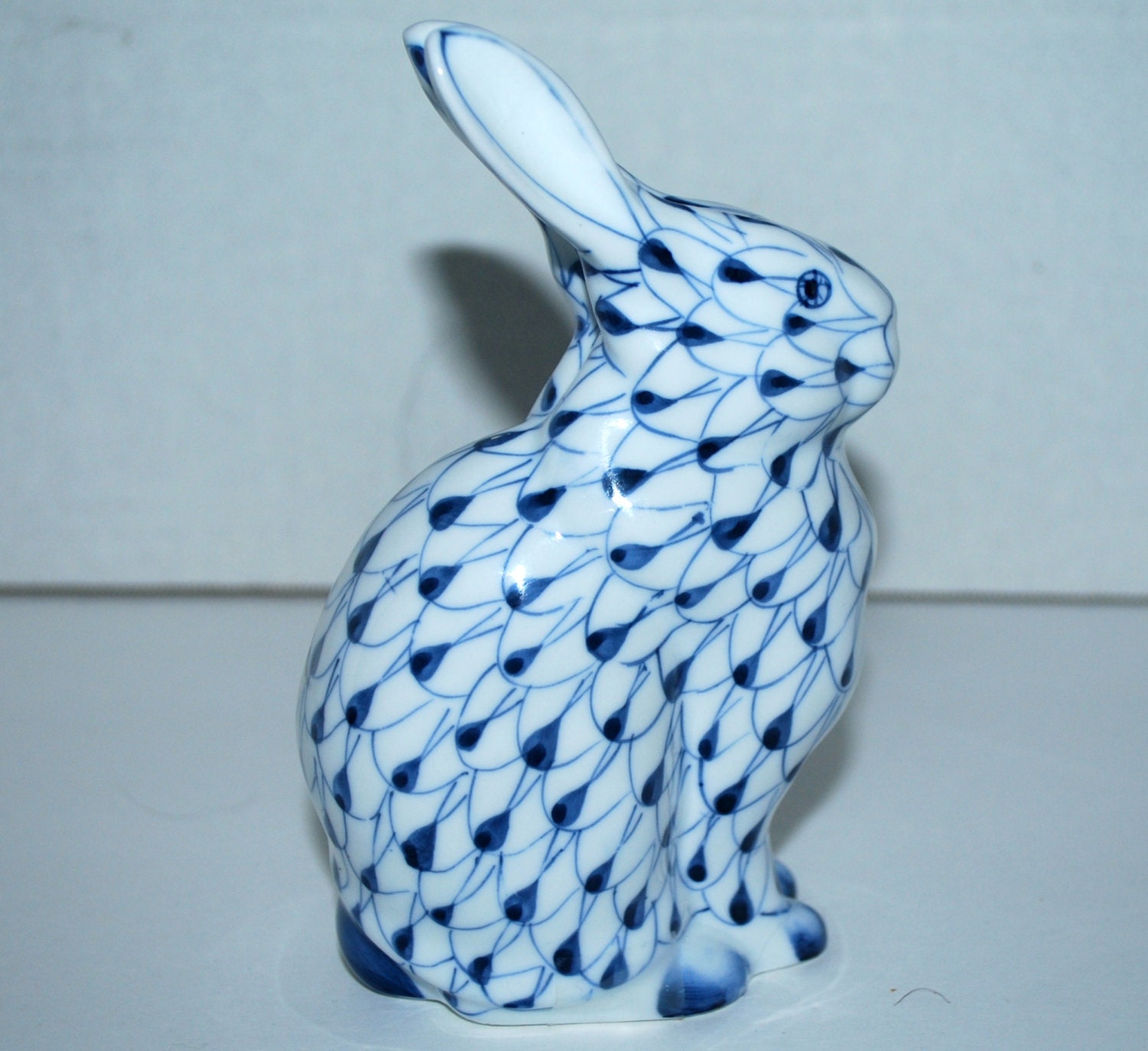 Vintage rabbit figurine blue and white painted bunny