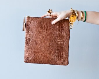 leather clutch, foldover clutch, crocodile clutch, cognac, the 'Kate'