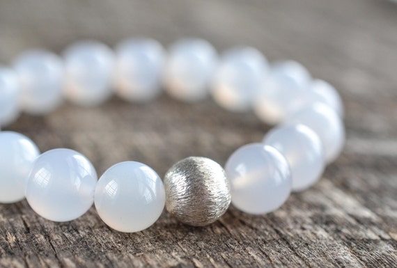 10mm White Agate Bracelet, Gemstone Bracelet, Beaded Bracelet, Sterling Silver Stretch Bracelet, Mens Womens Stone Jewelry, Gifts