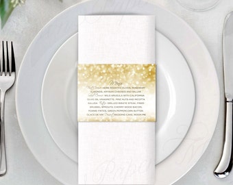 White Gold Sparkles Napkin Ring Menus (11x2.5): Text-Editable in Microsoft® Word, Printable, Instant Download