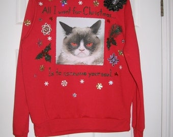 Grumpy Cat Ugly Christmas Sweater Sweatshirt New Handpainted