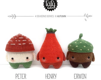 4 seasons: AUTUMN (toadstool, rose hip, acorn) • lalylala crochet pattern / amigurumi