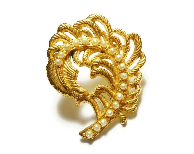 AAI gold leaf brooch, fern leaf, seed pearl vein, swirled pattern, designer signed, figural pin
