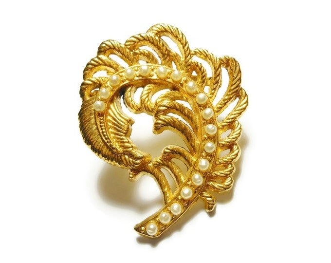 AAI gold leaf brooch, fern leaf, seed pearl vein, swirled pattern, designer signed, figural pin