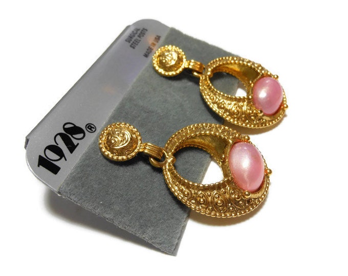 FREE SHIPPING 1928 pink earrings, hoop dangle earrings, faux pearl opalescence cabochon, gold pierced earrings, new old stock (NOS) on card