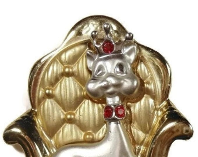 FREE SHIPPING Rare AJC royal cat on throne brooch, red rhinestone tiara and red rhinestone collar silver gold tone gloss and matte finish