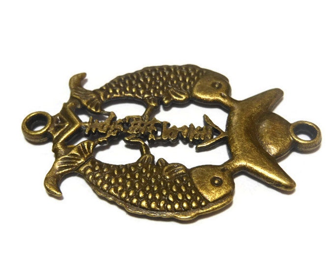 Double fish focal connector, antiqued brass-finished, 37x31mm, double fish and ingot design, Chinese characters for "Treasures fill the home