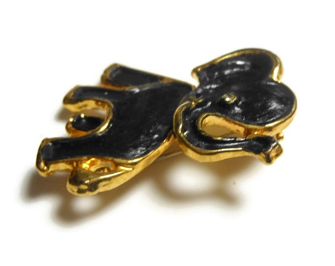 Black elephant brooch pin, small flat black enamel elephant with glossy gold outline, rhinestone eye, the trunk is up for good luck