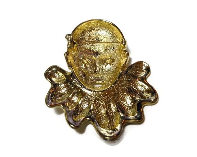 Sigal clown brooch, large matte gold face pin with inset red glass star and tear, edges glossy gold, Commedia Dell'Arte, Pierrot, Harlequin