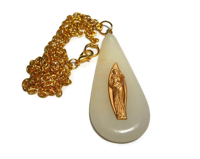 Madonna and Child pendant, vintage white jade crystal quartz teardrop, gold Virgin Mary & child figure on front, new gold plated chain