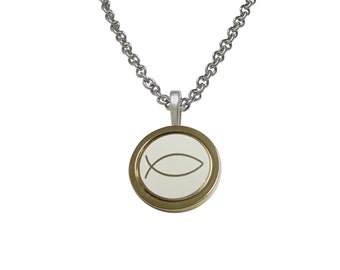 Gold and White Toned Religious Ichthys Fish Pendant Necklace