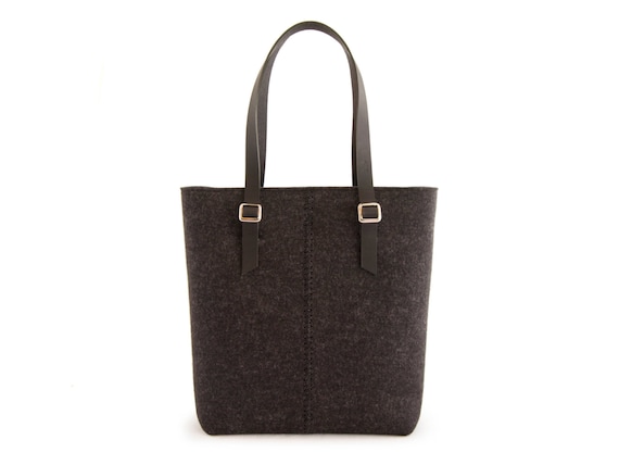 Felt TOTE BAG / leather straps / charcoal / black / felt women's bag / wool felt / made in Italy