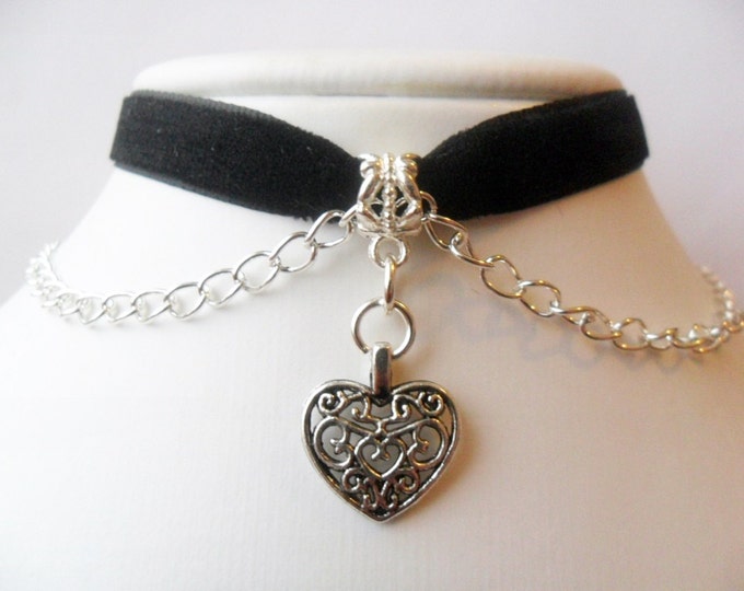 Velvet choker necklace with tibetan Silver Heart pendant charm with a width of 3/8" Black Ribbon Choker Necklace(pick your neck size)