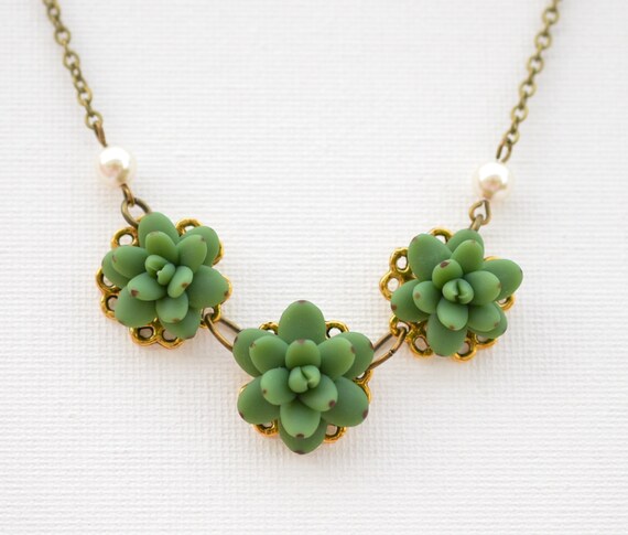 Trio Green Succulent Centered Necklace Succulent Necklace