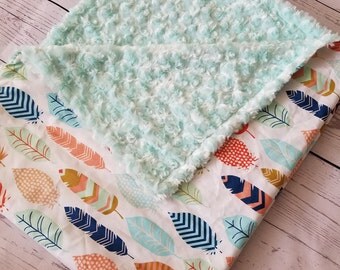 Baby Blanket Feather Carseat Blanket Crib Blanket Girl Minky Blanket