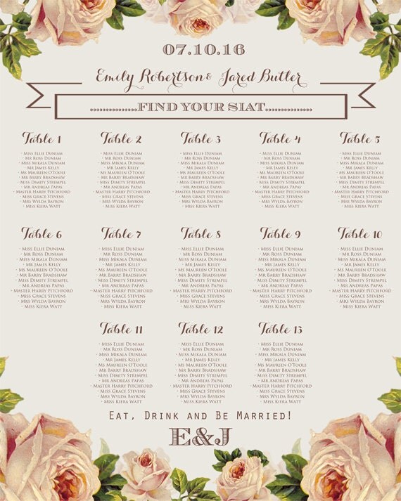 Printable Wedding Seating Chart EDITABLE for 13 tables with
